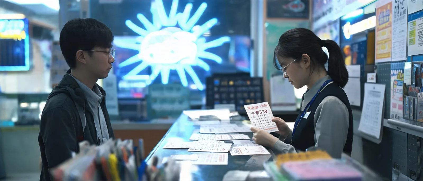 彩券行投注站櫃檯店員核對今彩539選號單的場景