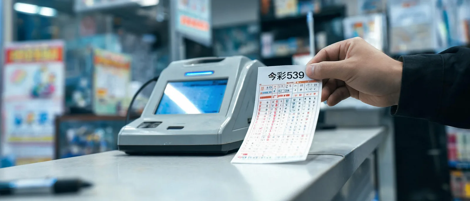 今彩539選號單靠近電子讀票機準備核對開獎結果