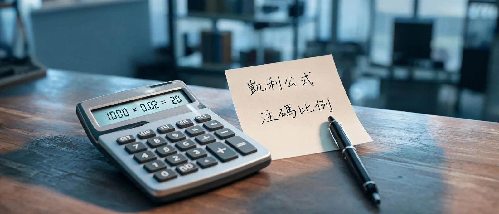 桌面特寫，計算機與寫著凱利公式、注碼比例字樣的便條紙