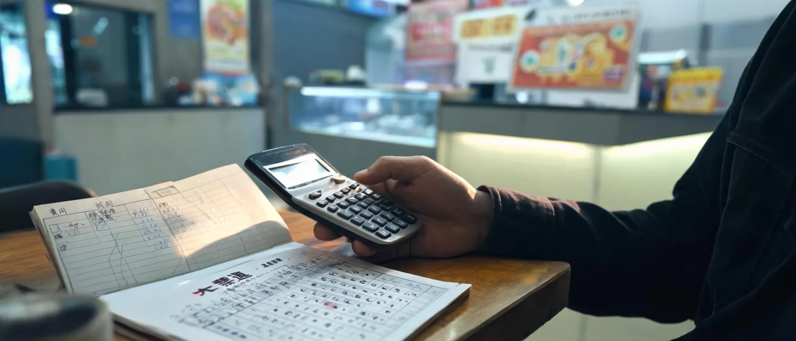 彩券行小桌上手寫費用試算記事本與大樂透系統組合選號單,顧客核對金額