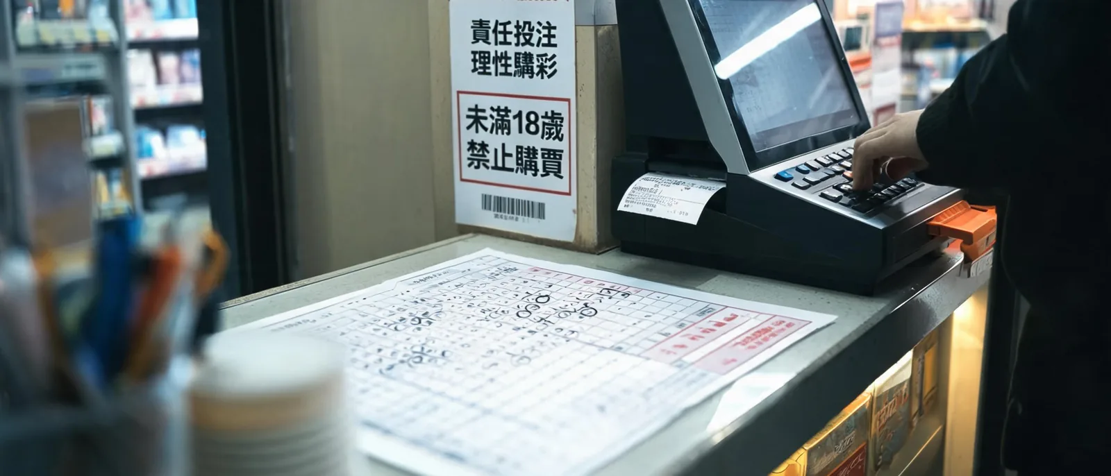 彩券行大樂透系統配號選號單與投注機,牆上貼有責任投注提示海報