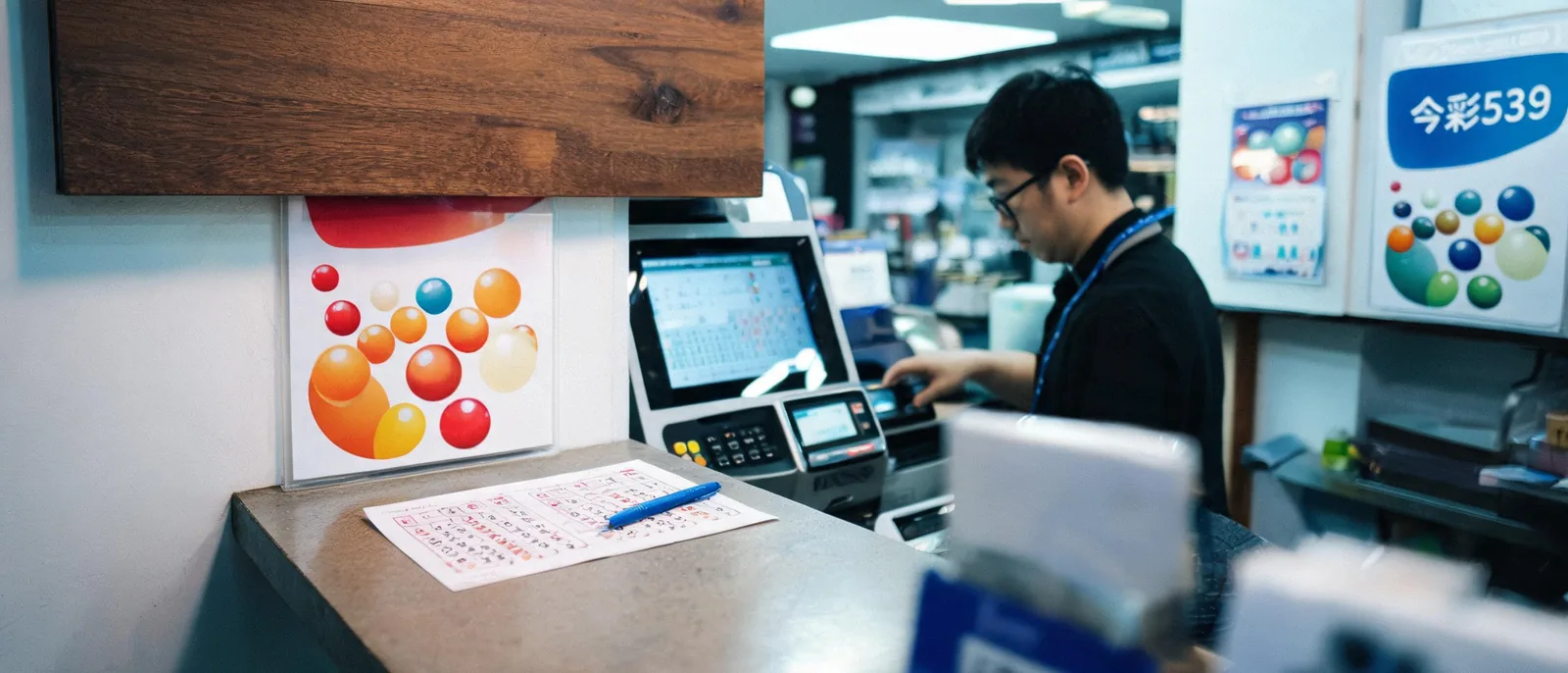 彩券行投注櫃檯,店員操作投注機,檯面放著威力彩選號單與原子筆