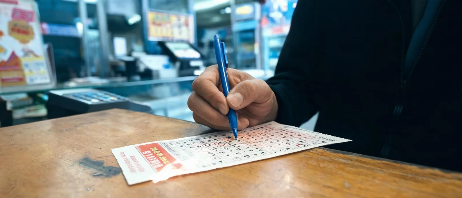 手拿原子筆在威力彩選號單上圈選號碼的特寫畫面