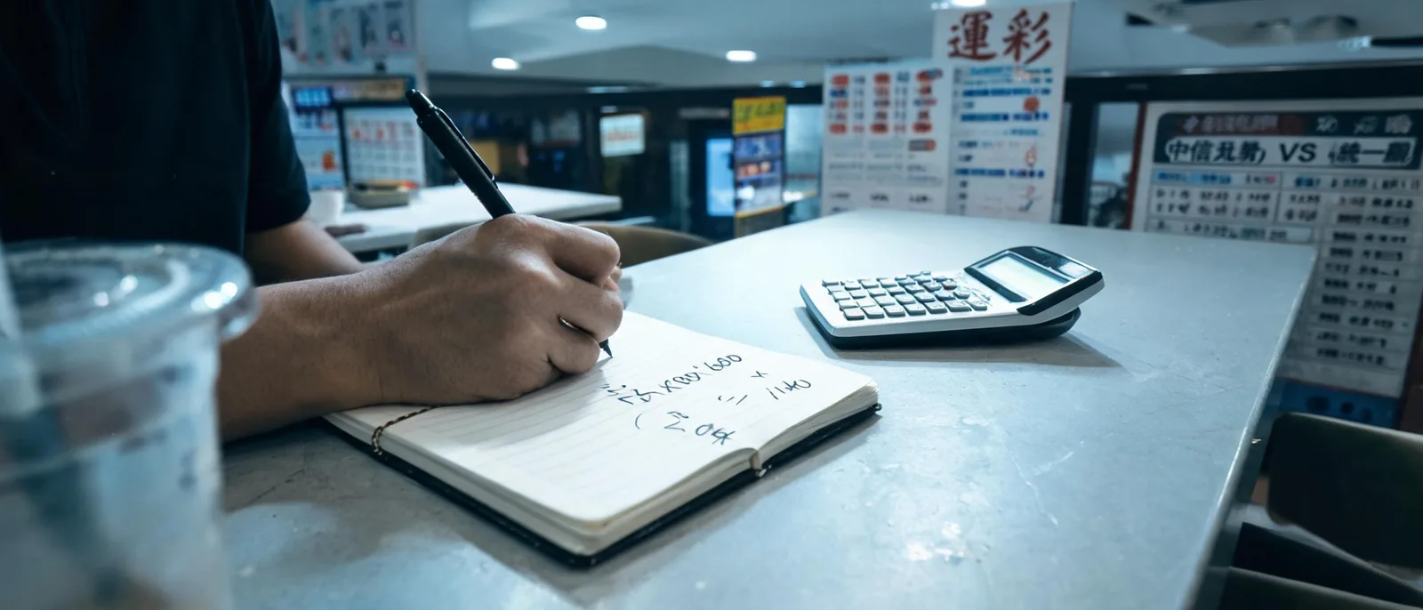 運彩門市座位區,球迷在筆記本上寫賠率換算算式,桌上放著計算機